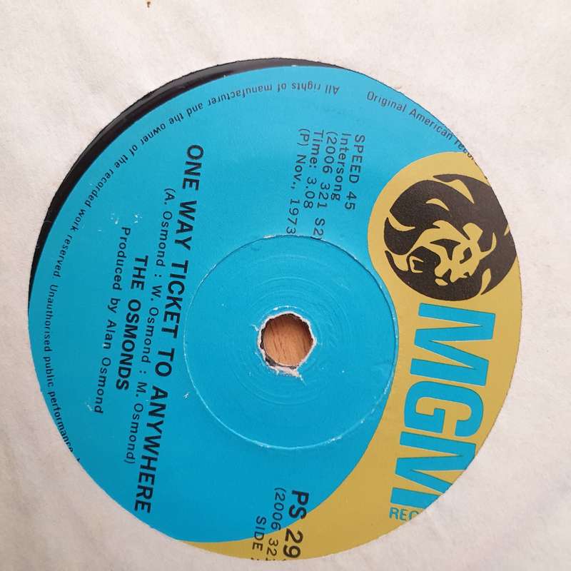 The Osmonds  One Way Ticket To Anywhere / Let Me In -  Vinyl 7" Record - Very-Good+ Quality (V...