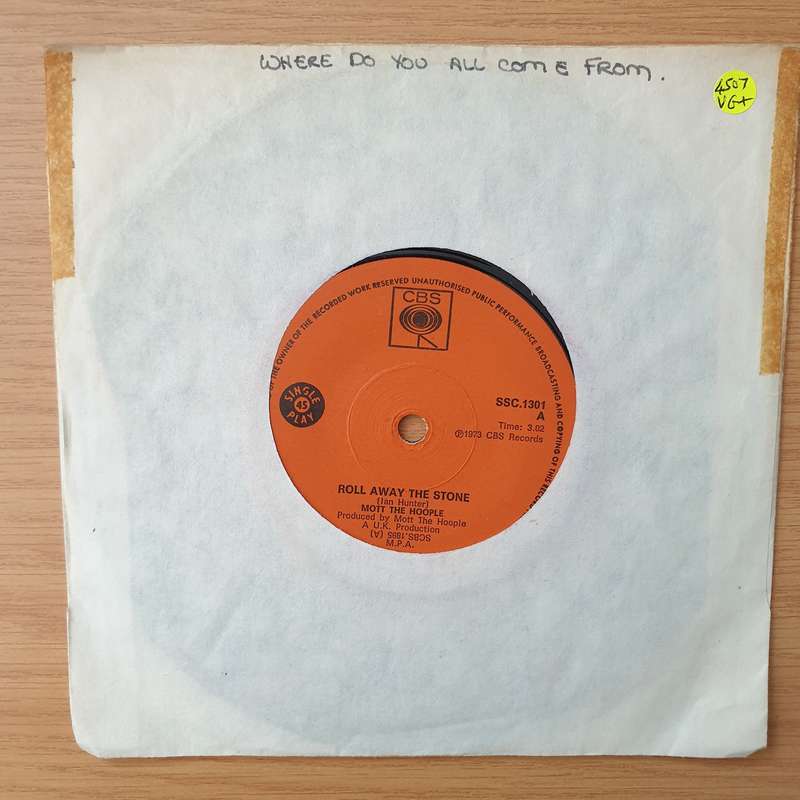 Mott The Hoople  Roll Away The Stone -  Vinyl 7" Record - Very-Good+ Quality (VG+) (verygoodplus)
