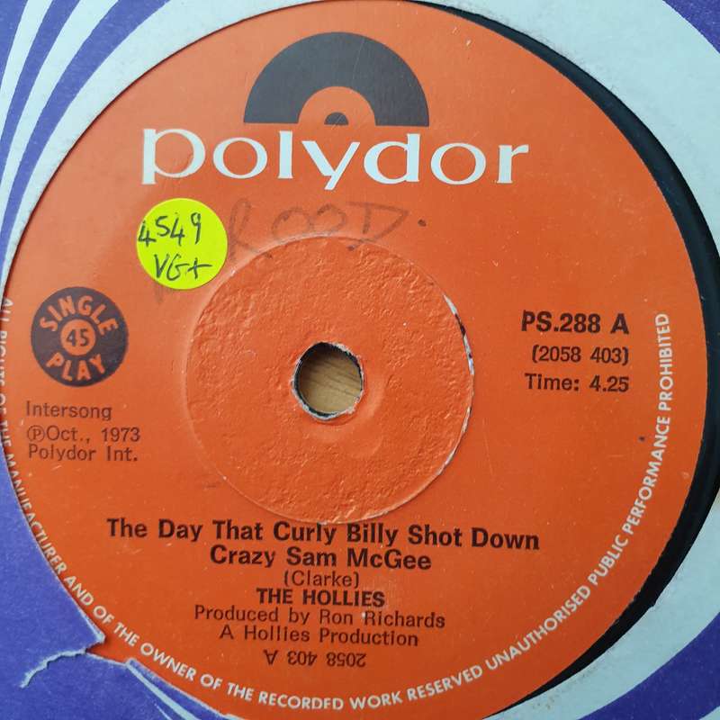 The Hollies  The Day That Curly Billy Shot Down Crazy Sam McGee -  Vinyl 7" Record - Very-Good...
