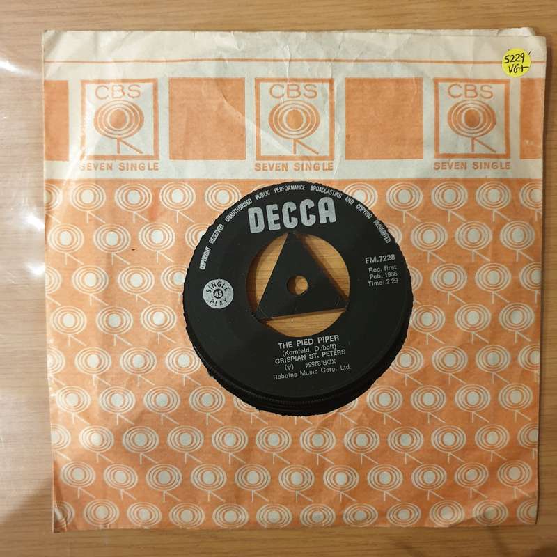 Crispian St. Peters  The Pied Piper -  Vinyl 7" Record - Very-Good+ Quality (VG+) (verygoodplus)