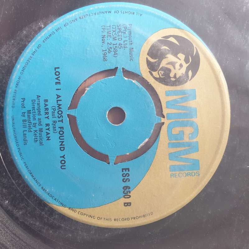 Barry Ryan  Eloise - Vinyl 7" Record - Very-Good+ Quality (VG+) (verygoodplus)