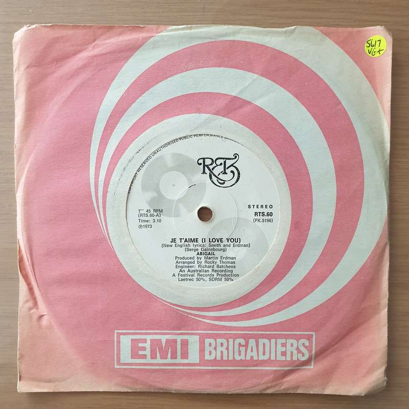 Abigail  Je T'Aime (I Love You) - Vinyl 7" Record - Very-Good+ Quality (VG+) (verygoodplus)