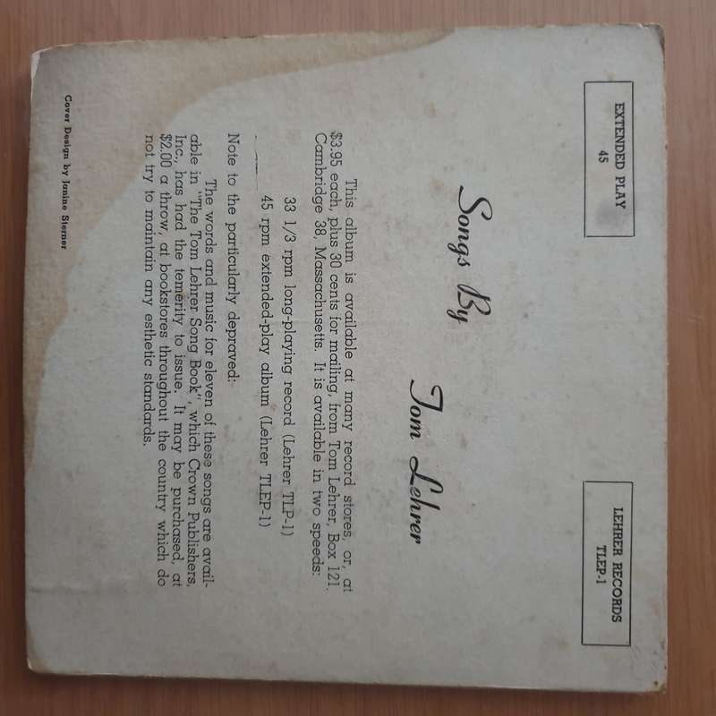 Tom Lehrer  Songs By Tom Lehrer - Vinyl 7" Record - Very-Good+ Quality (VG+) (verygoodplus)
