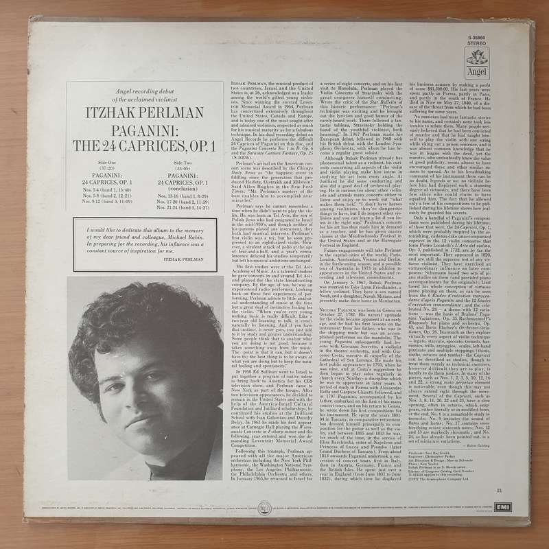 Paganini  Itzhak Perlman  24 Caprices - Vinyl LP Record - Very-Good+ Quality (VG+) (verygoo...