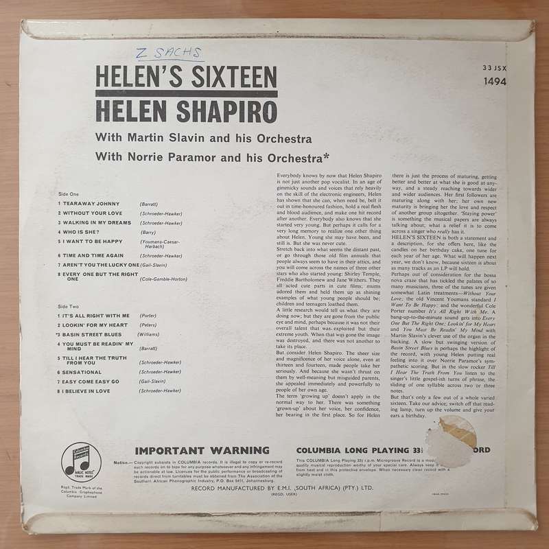 Helen Shapiro  Helen's Sixteen - Vinyl LP Record - Very-Good+ Quality (VG+) (verygoodplus)