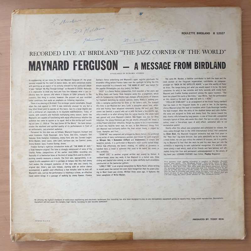 Maynard Ferguson  A Message From Birdland - Vinyl LP Record - Very-Good+ Quality (VG+) (verygo...