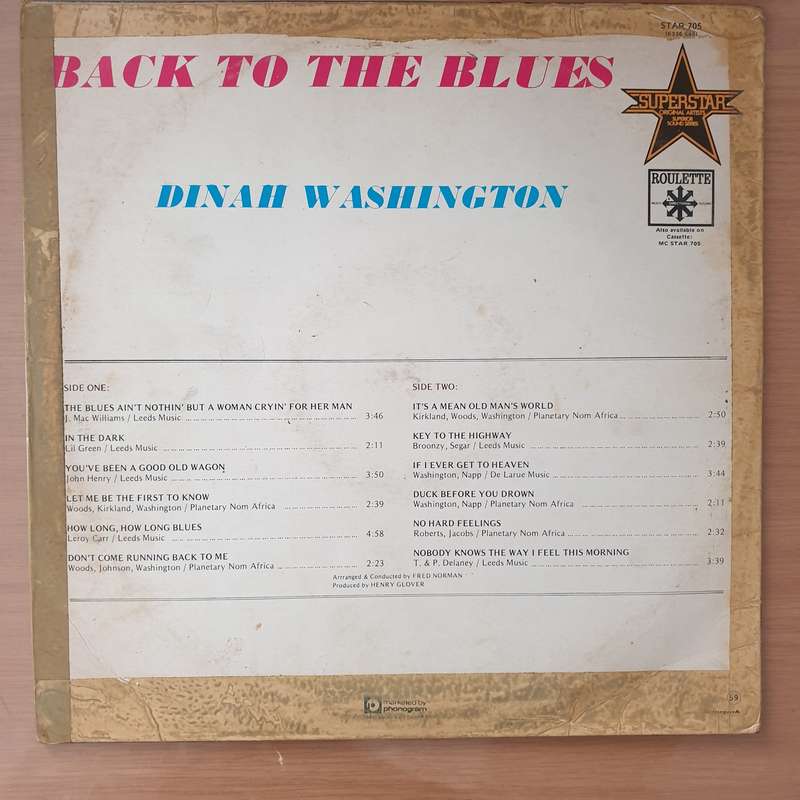 Dinah Washington  Back To The Blues - Vinyl LP Record - Very-Good Quality (VG) (vgood)