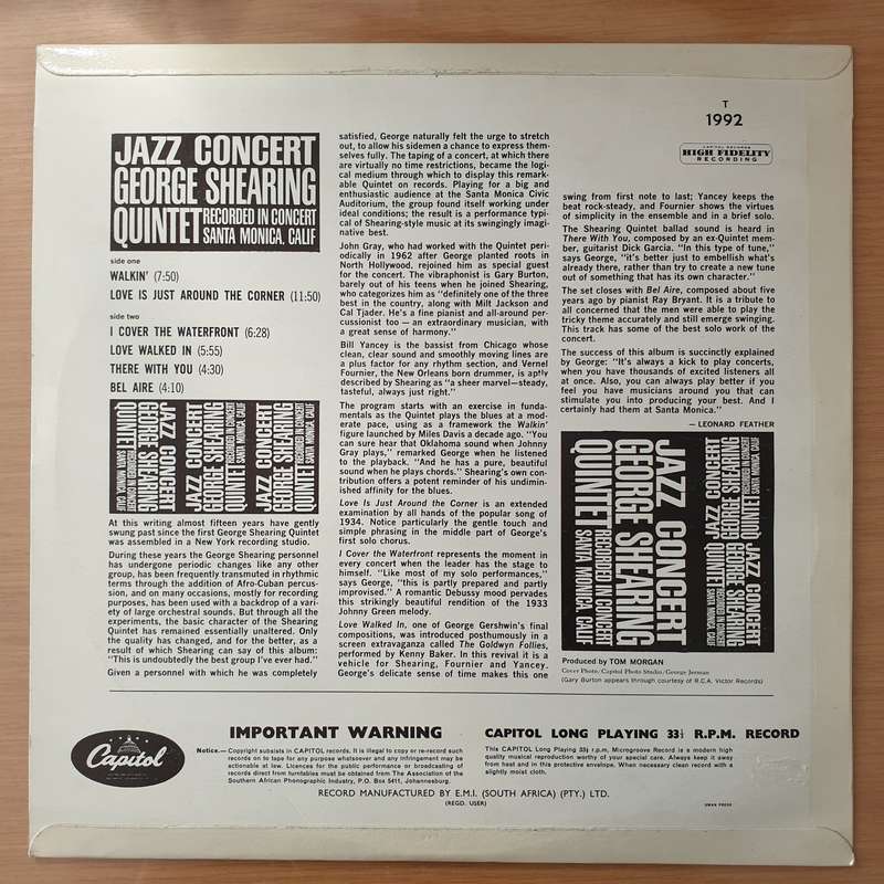 George Shearing Quintet  Jazz Concert - Vinyl LP Record - Very-Good+ Quality (VG+) (verygoodplus)