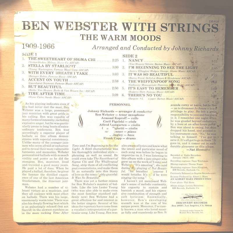 Ben Webster  The Warm Moods - Vinyl LP Record - Very-Good+ Quality (VG+) (verygoodplus)