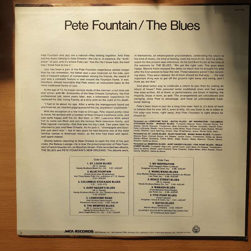 Pete Fountain - The Blues  Vinyl LP Record - Very-Good+ Quality (VG+) (verygoodplus)