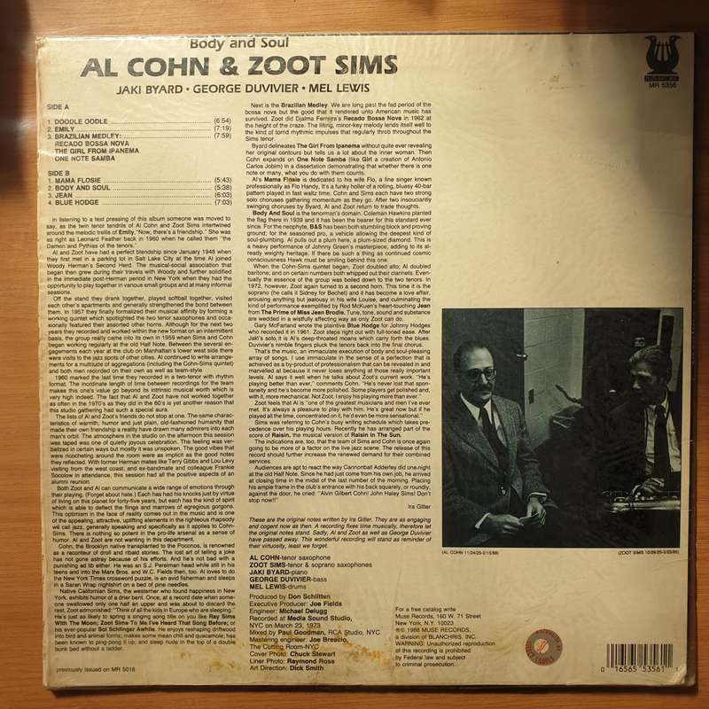Al Cohn & Zoot Sims  Body And Soul  Vinyl LP Record - Very-Good+ Quality (VG+) (verygoodplus)