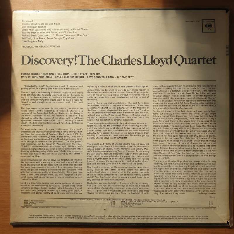 Charles Lloyd  Discovery!  Vinyl LP Record - Very-Good+ Quality (VG+) (verygoodplus)