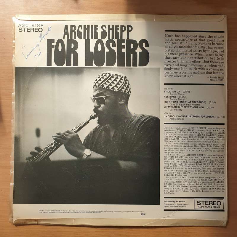Archie Shepp  For Losers - Vinyl LP Record - Very-Good+ Quality (VG+) (verygoodplus)
