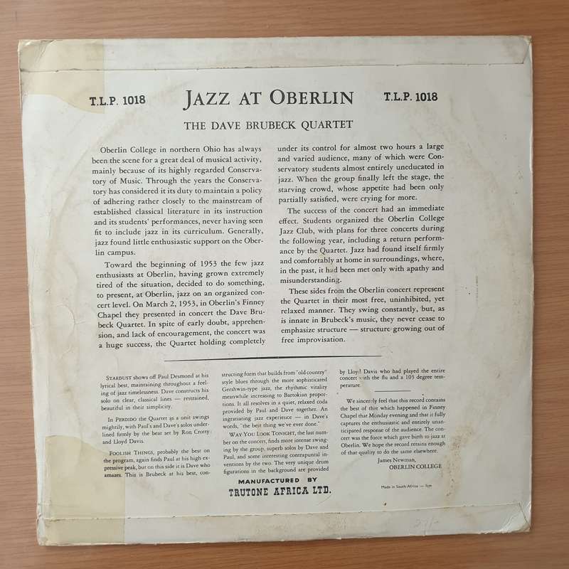 The Dave Brubeck Quartet  Jazz At Oberlin - Vinyl LP Record - Very-Good+ Quality (VG+) (verygo...