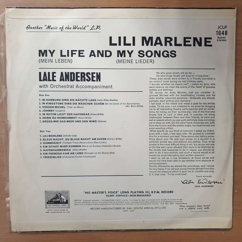 Lale Andersen  Lili Marlene - Vinyl LP Record - Very-Good+ Quality (VG+) (verygoodplus)