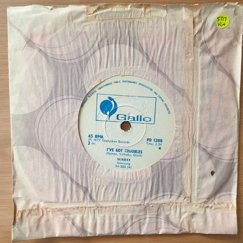 Sunday  I've Got Troubles - Vinyl 7" Record - Very-Good+ Quality (VG+) (verygoodplus)