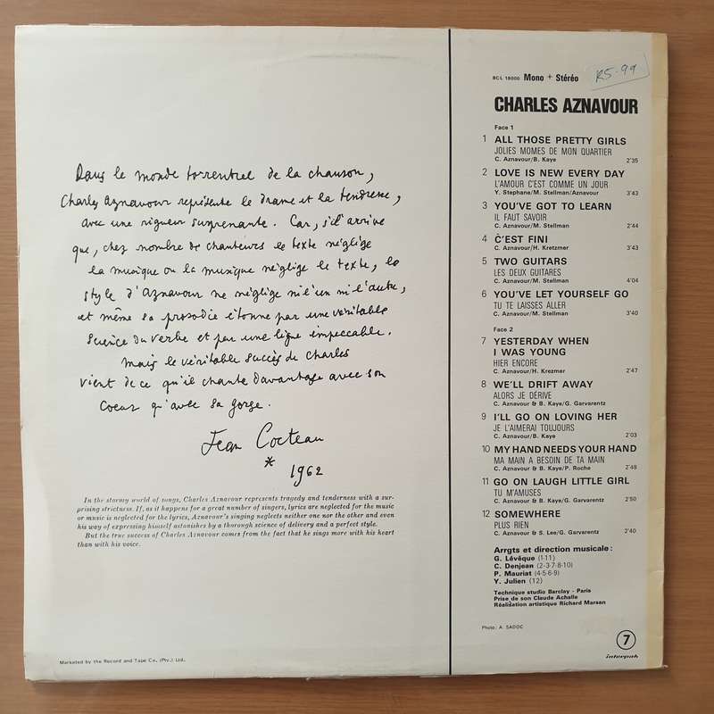 Charles Aznavour  Aznavour Sings Aznavour  Vinyl LP Record - Very-Good+ Quality (VG+)
