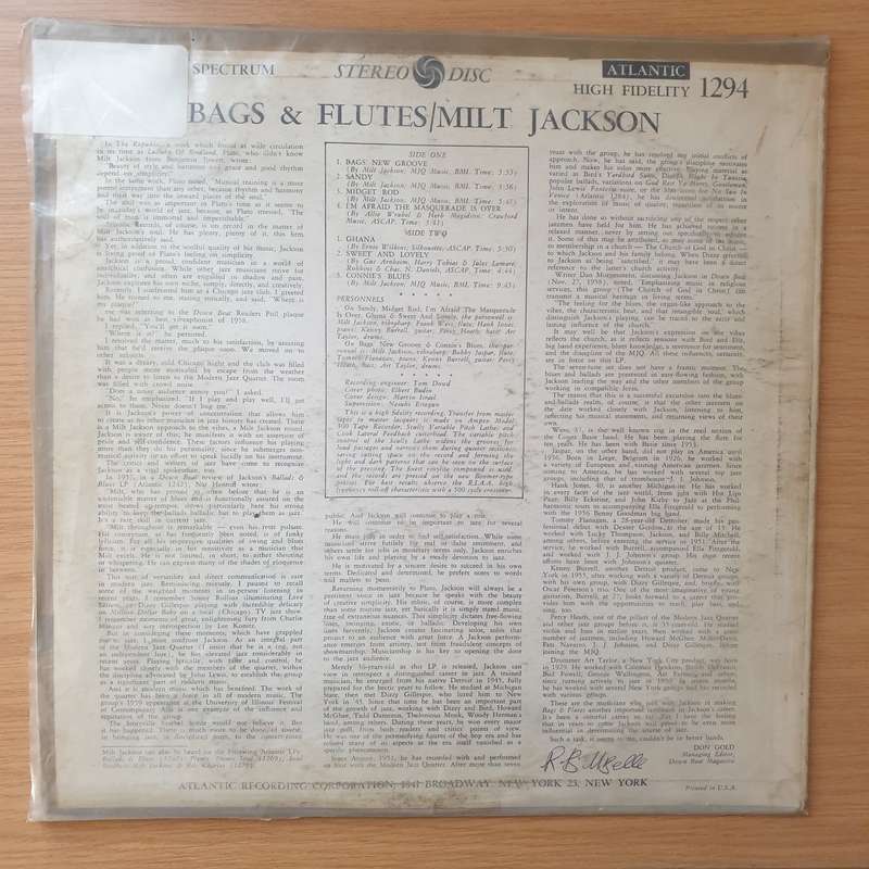 Milt Jackson  Bags & Flutes - Vinyl LP Record - Very-Good- Quality (VG-) (verygoodminus)