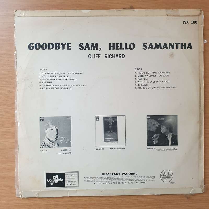 Cliff Richard  Goodbye Sam, Hello Samantha  Vinyl LP Record - Very-Good+ Quality (VG+)