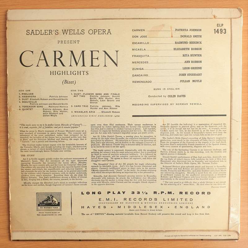 Carmen Highlights - Bizet, Sadler's Wells Opera Company, Sir Colin Davis  Vinyl LP Record - Ve...