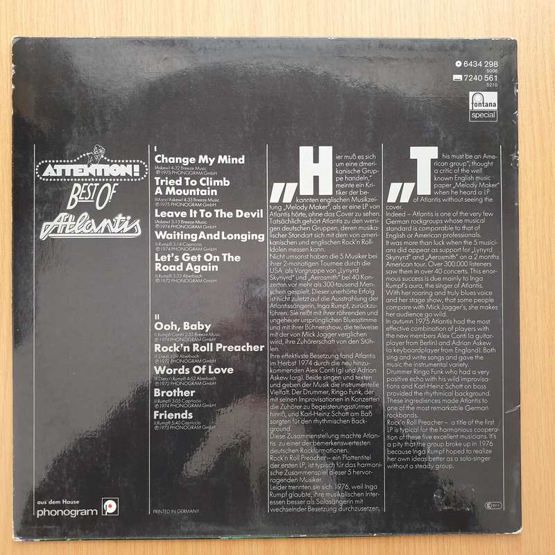 Atlantis  Attention! Best Of Atlantis! (Germany) -  Vinyl LP Record - Very-Good+ Quality (VG+)