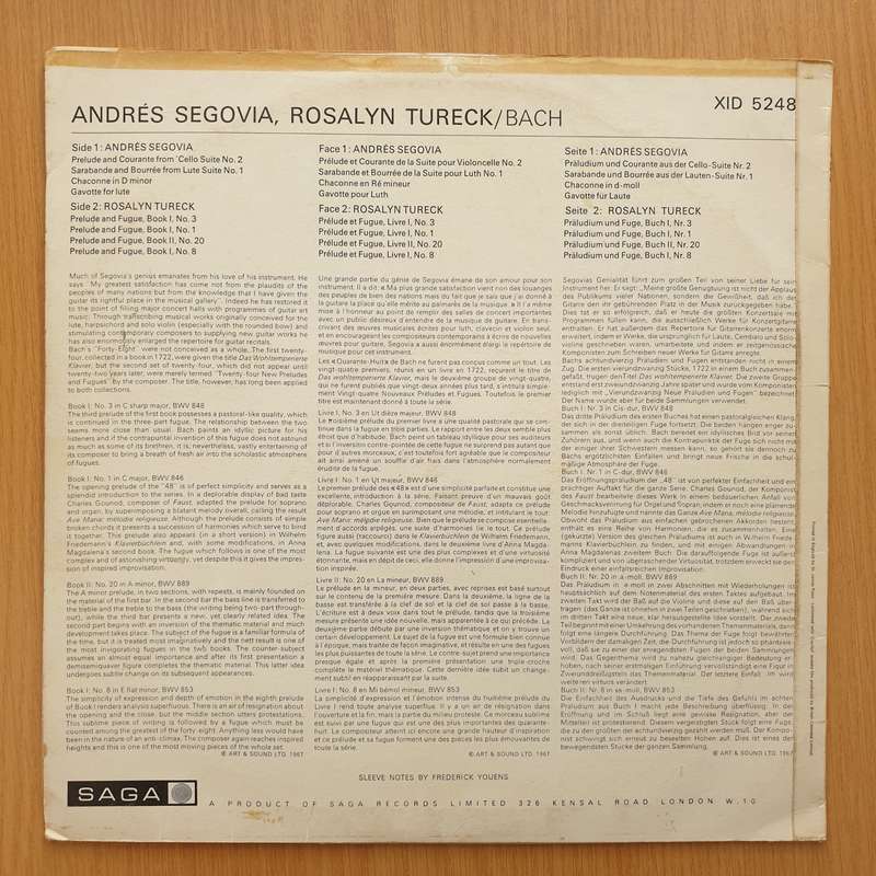 Segovia And Rosalyn Tureck Play Bach - Vinyl LP Record - Very-Good+ Quality (VG+)