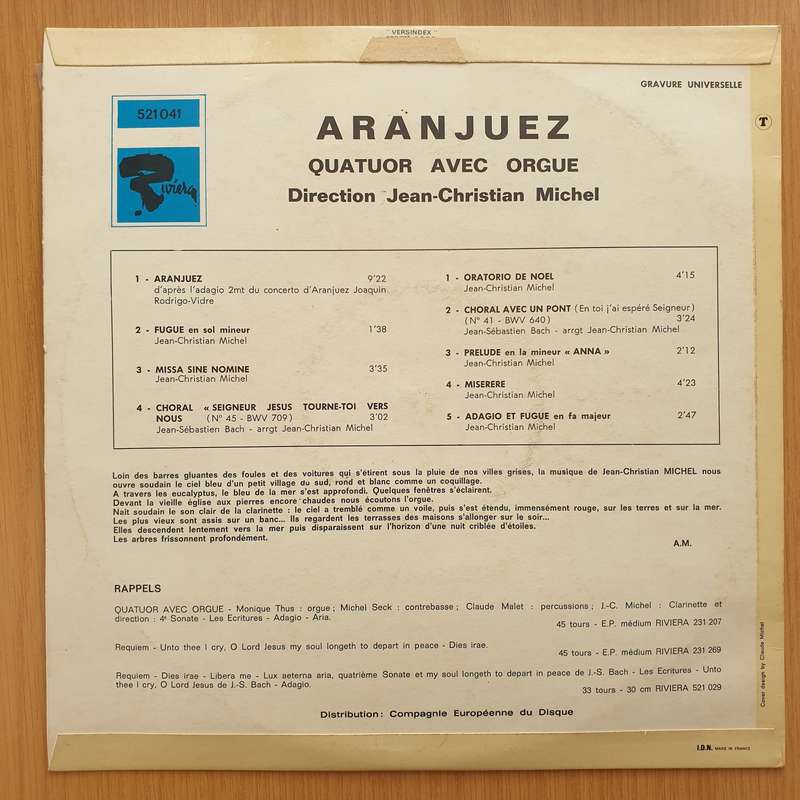 Jean-Christian Michel - Quatuor Avec Orgue  Aranjuez -  Vinyl LP Record - Very-Good+ Quality (...