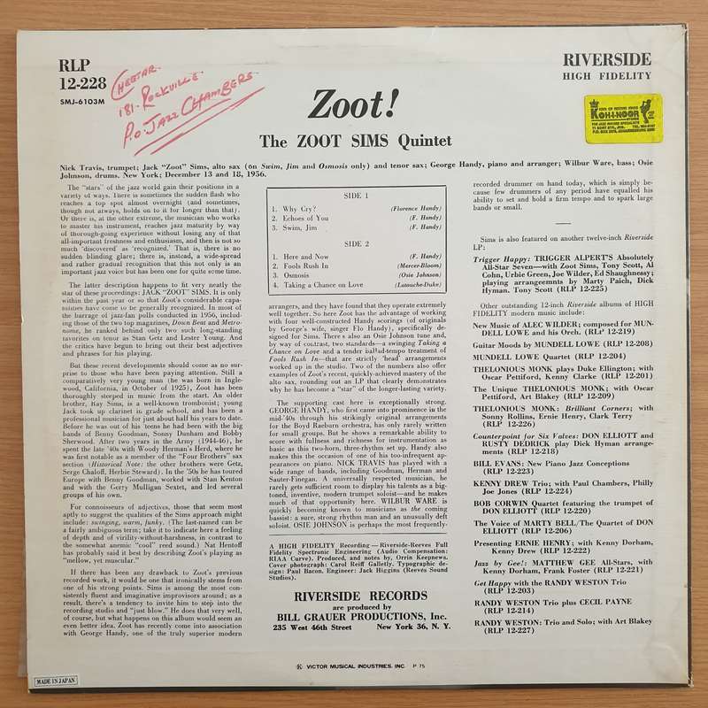 The Zoot Sims Quintet  Zoot! (Japan Pressing)  Vinyl LP Record - Very-Good+ Quality (VG+)