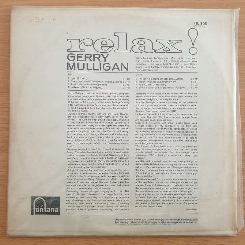 Gerry Mulligan  Relax!  Vinyl LP Record - Very-Good+ Quality (VG+)