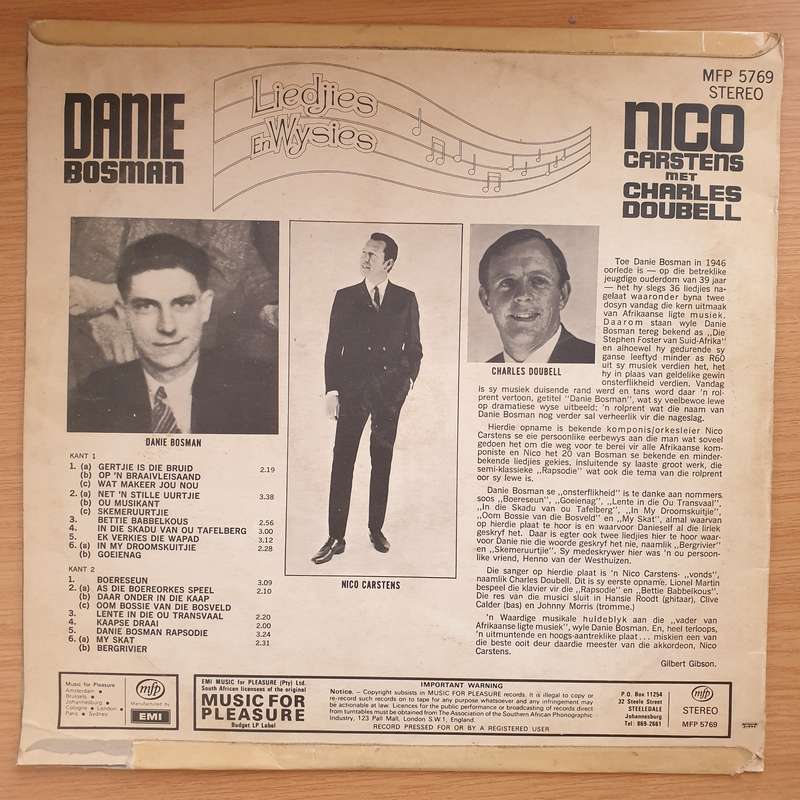 Danie Bosman - Liedjies en Wysies - Nico Carstens met Charles Doubell - Vinyl LP Record - Very-Go...