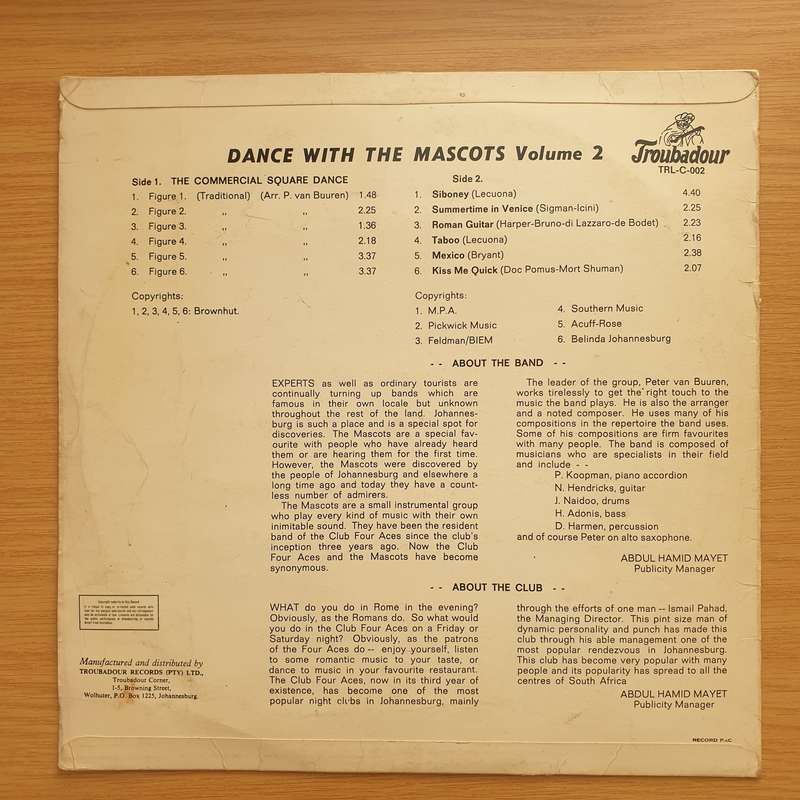 Mascots - Dancing at the Club 4 Aces with the Mascots Vol 2 - Vinyl LP Record - Very-Good- Qualit...