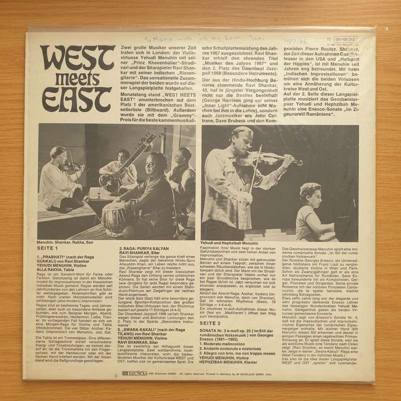 Ravi Shankar /Yehudi Menuhin  West Meets East - Vinyl LP Record - Very-Good+ Quality (VG+)