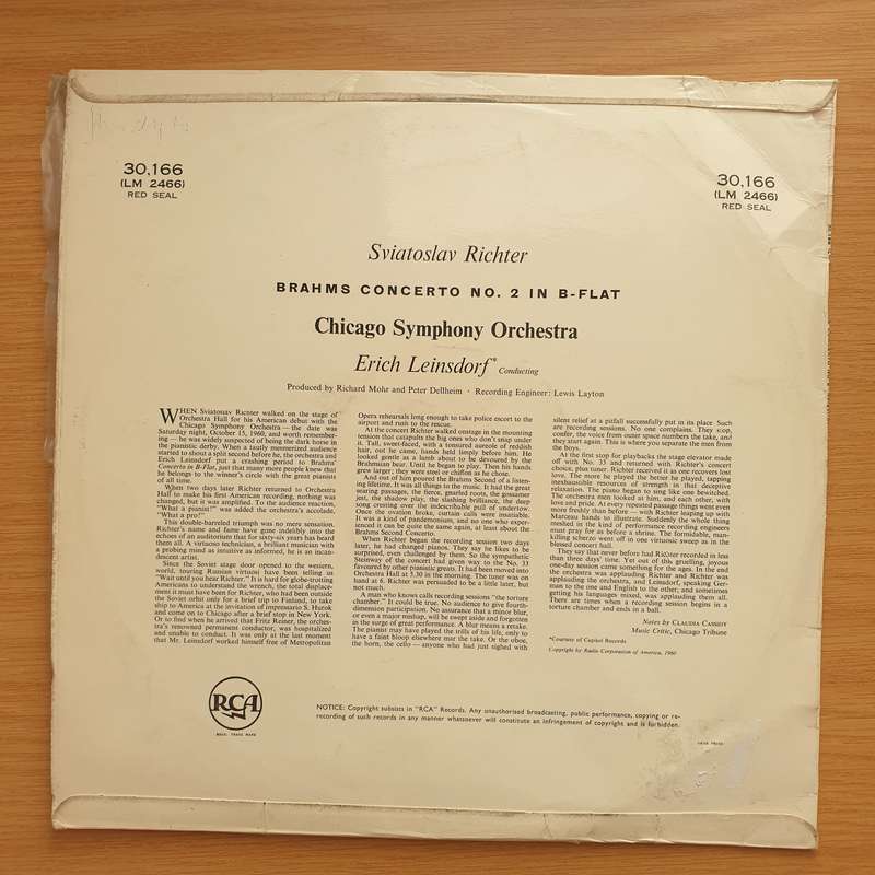 Brahms/ Sviatoslav Richter, Chicago Symphony Orchestra, Erich Leinsdorf  Concerto No. 2- Vinyl...