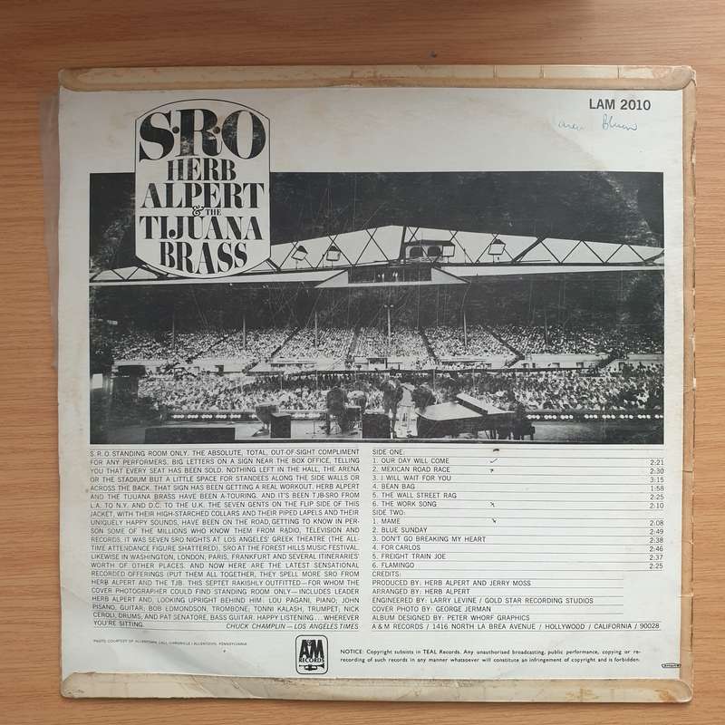 Herb Alpert & The Tijuana Brass  S.R.O. -  Vinyl LP Record - Very-Good+ Quality (VG+)