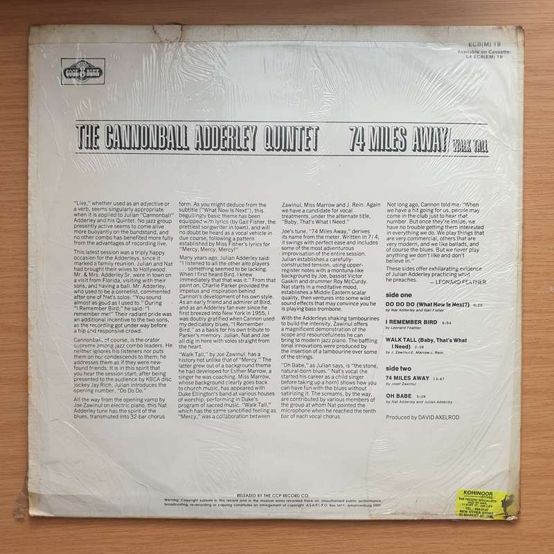 The Cannonball Adderley Quintet  74 Miles Away / Walk Tall - Vinyl LP Record - Very-Good+ Qual...
