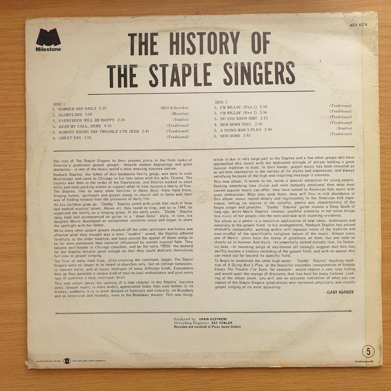 The Staple Singers - History of the Staple Singers  Vinyl LP Record - Very-Good+ Quality (VG+)