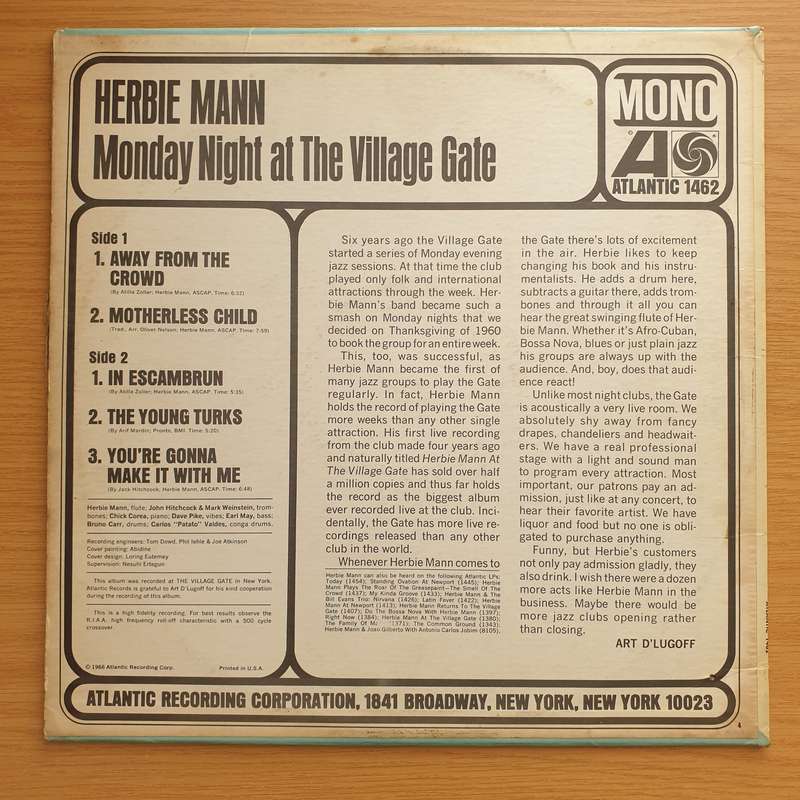 Herbie Mann  Monday Night At The Village Gate - Vinyl LP Record - Very-Good+ Quality (VG+)