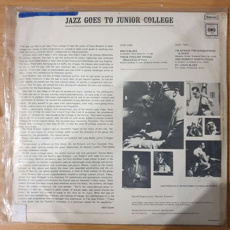 Dave Brubeck Quartet  Jazz Goes To Junior College - Vinyl LP Record - Very-Good Quality (VG) (...