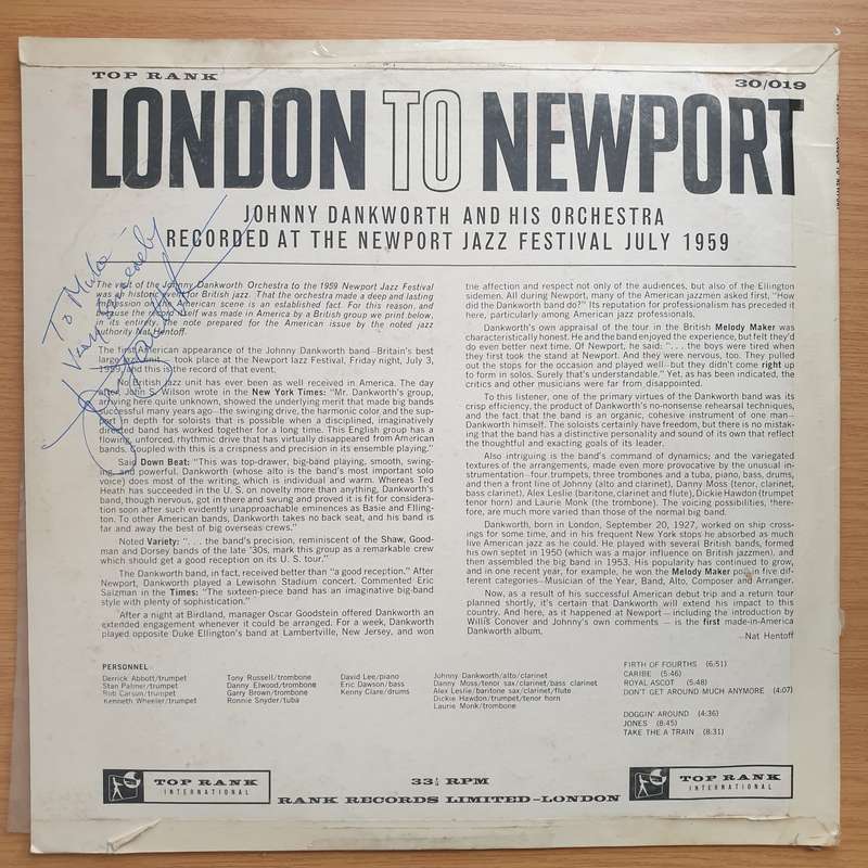 Johnny Dankworth & His Orchestra  London To Newport -  Vinyl LP Record - Very-Good+ Quality (VG+)