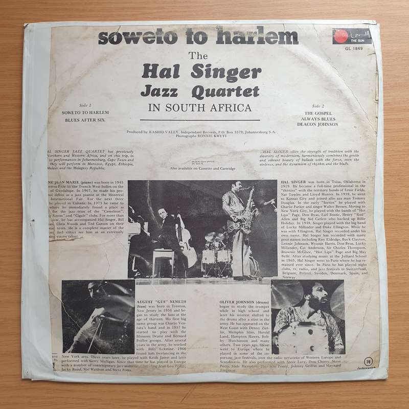 The Hal Singer Jazz Quartet  Soweto To Harlem - Vinyl LP Record - Opened  - Good+ Quality (G+)