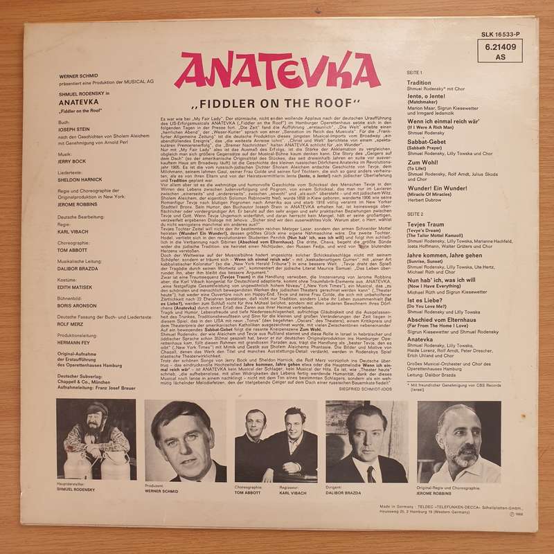Shmuel Rodensky  Anatevka (Deutsche Originalaufnahme) (Fiddler on the Roof) -  Vinyl LP Record...