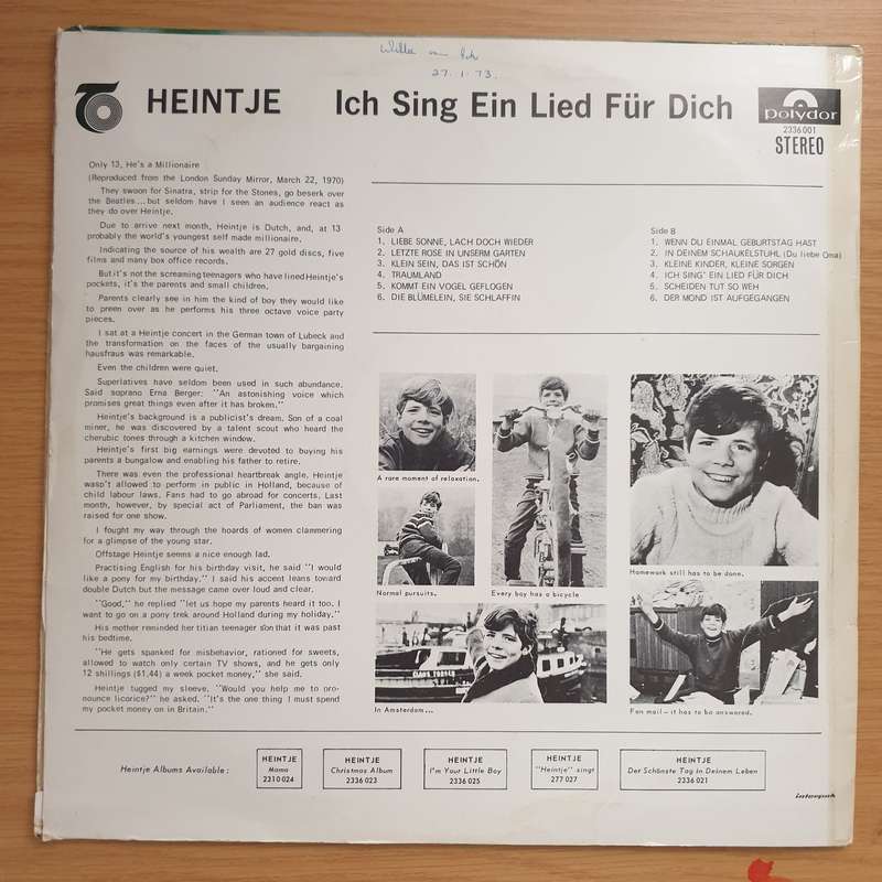 Heintje  Ich Sing' Ein Lied Für Dich  Vinyl LP Record - Very-Good+ Quality (VG+) (verygood...