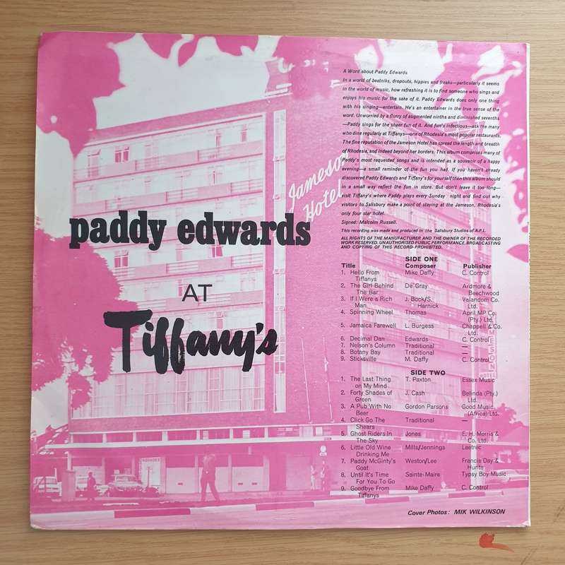 Paddy Edwards  At Tiffany's (Rhodesia's only 4 Star Hotel) - Vinyl LP Record - Very-Good+ Qual...