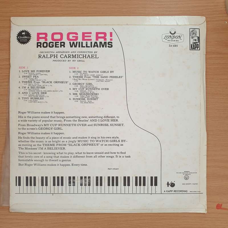 Roger Williams - Roger   Vinyl LP Record - Very-Good+ Quality (VG+) (verygoodplus)
