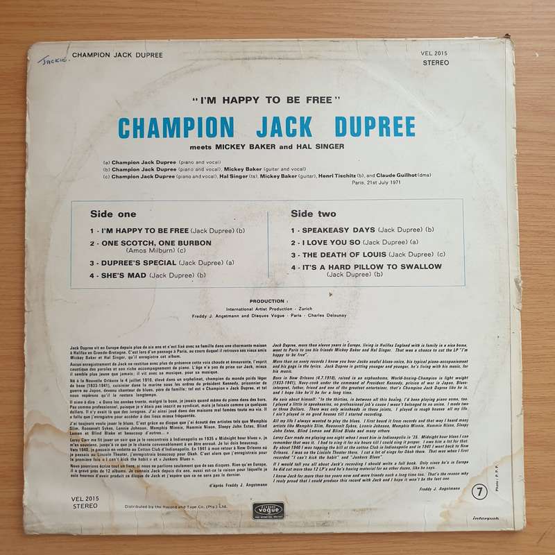 Champion Jack Dupree, Mickey Baker & Hal Singer  Happy To Be Free  Vinyl LP Record - Very-G...