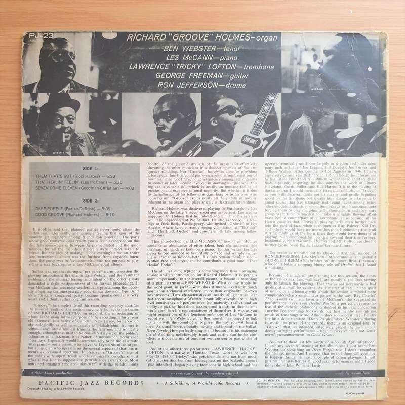 Richard "Groove" Holmes  "Groove" - Vinyl LP Record - Good+ Quality (G+)
