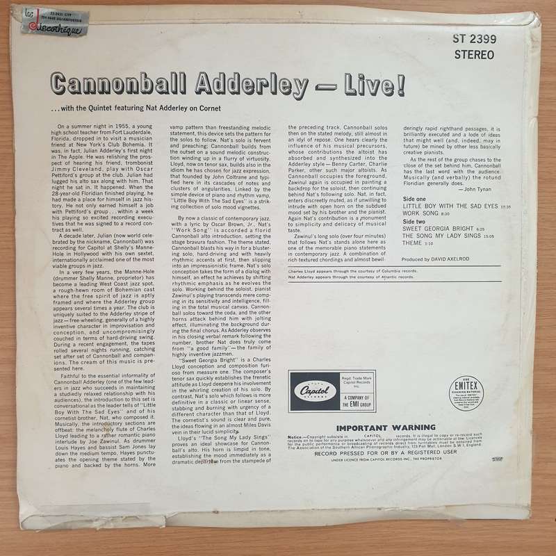 Cannonball Adderley  Cannonball Adderley-Live! - Vinyl LP Record - Very-Good+ Quality (VG+) (v...