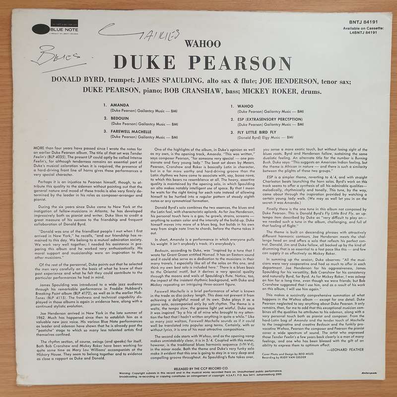 Duke Pearson  Wahoo (Blue Note) - Vinyl LP Record - Very-Good Quality (VG) (vgood)