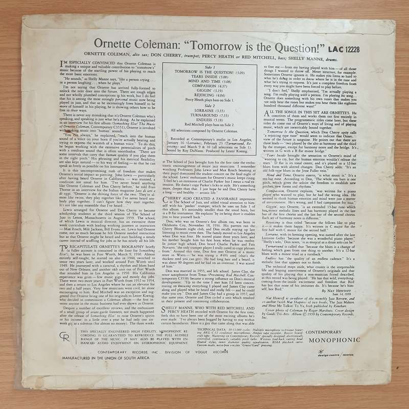 Ornette Coleman  Tomorrow Is The Question! -  Vinyl LP Record - Very-Good Quality (VG) (verry)