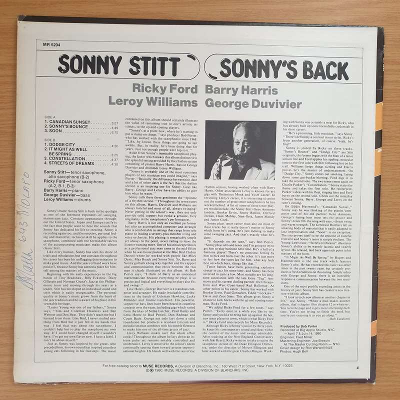 Sonny Stitt  Sonny's Back  - Vinyl LP Record - Very-Good+ Quality (VG+) (verygoodplus)